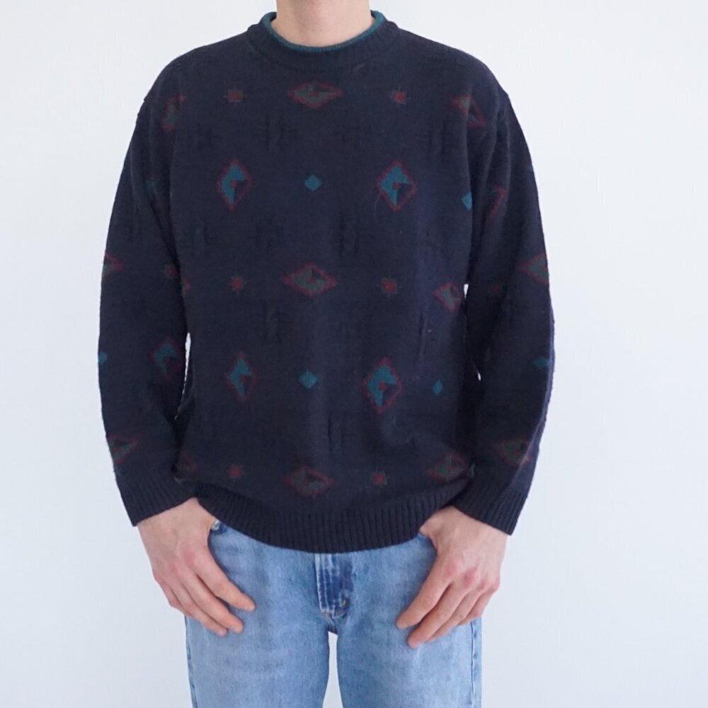 VTG Marks & Spencer Navy Diamond Geometric Knit Crewneck Sweater Collegiate L